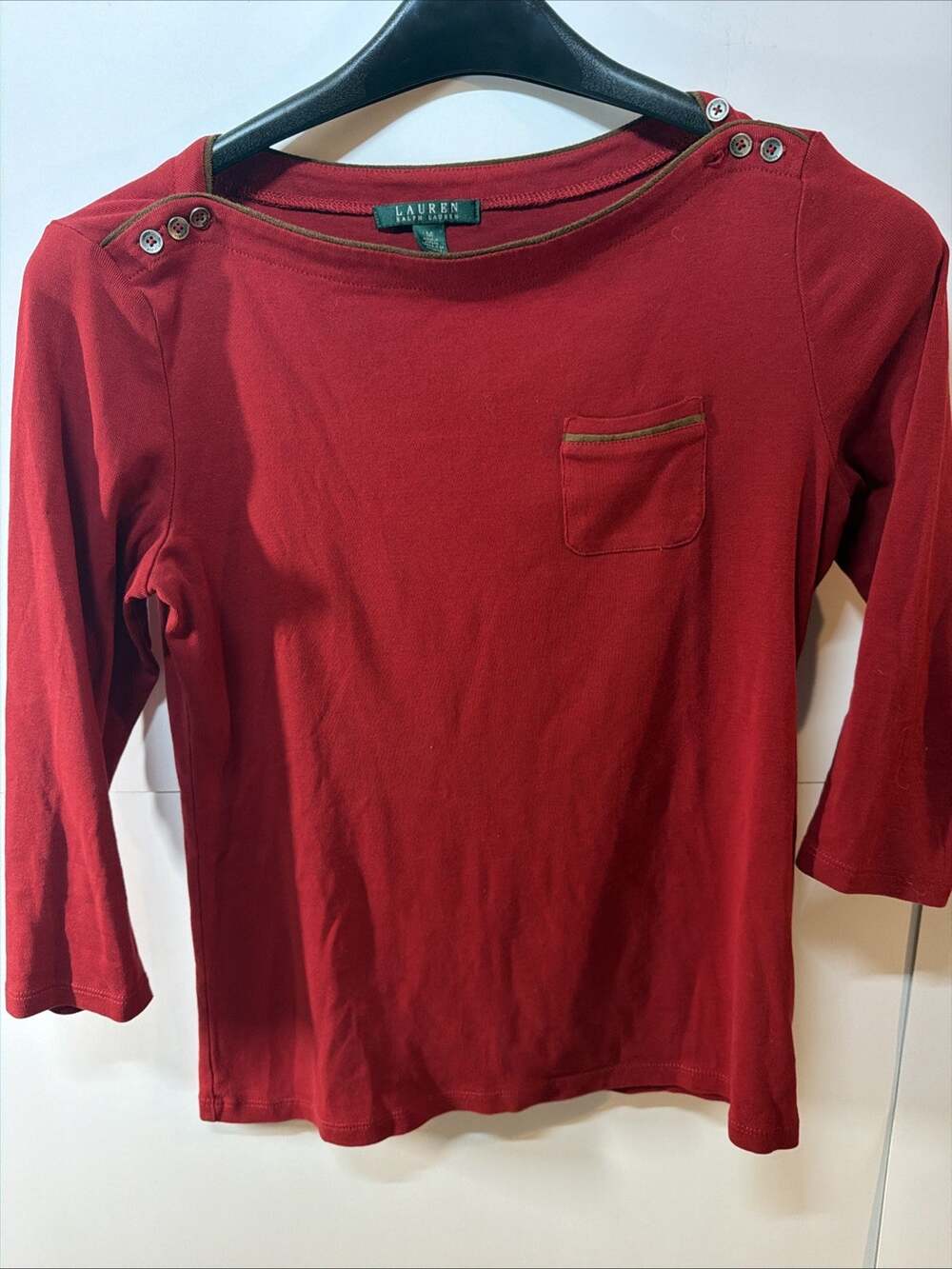 Lauren by Ralph Lauren 3/4 Sleeve Red Boat Neck 100% Cotton Shirt Size Medium